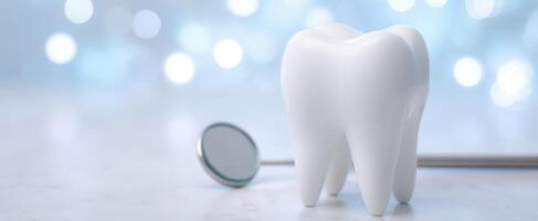 The elegant white tooth accompanied by a dental mirror on a serene background. photo