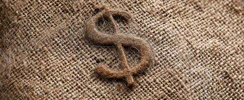 The burlap texture featuring a rustic dollar sign emblem for finance concepts. photo