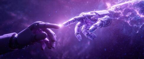 The robotic hand and human touch connect in a cosmic universe. photo