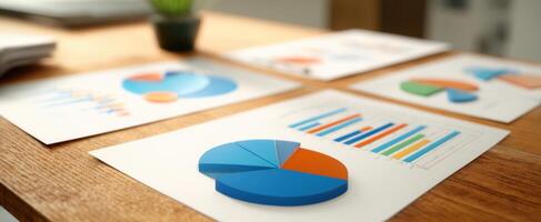 The colorful pie charts and graphs presenting business analysis on a desk. photo