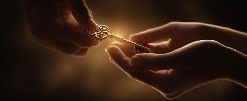 The golden key symbolizing connection and trust in a moment of exchange. photo