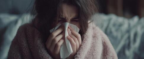 The girl covered in a blanket with a tissue, expressing deep emotional sadness. photo