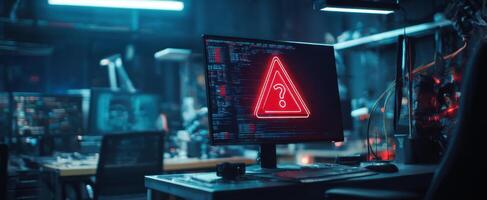 The computer screen with neon warning sign in a modern tech workspace. photo