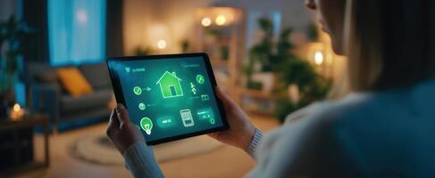 The tablet displaying smart home controls in a modern living room setting. photo