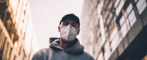 The urban individual wearing a protective mask in a modern city environment. photo