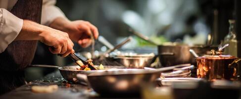 The chef skillfully preparing a gourmet dish in a bustling kitchen environment. photo
