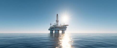 The offshore oil rig reflecting sunlight on the calm sea surface. photo