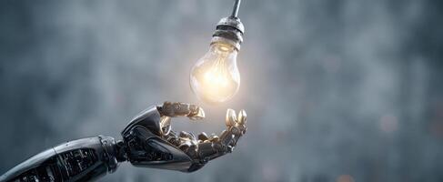 The robotic hand holding a glowing light bulb symbolizing innovation and technology. photo