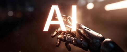 The robotic hand interacting with glowing AI letters in a futuristic setting. photo