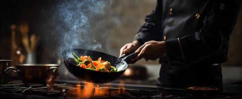A chef is cooking food on a stove photo