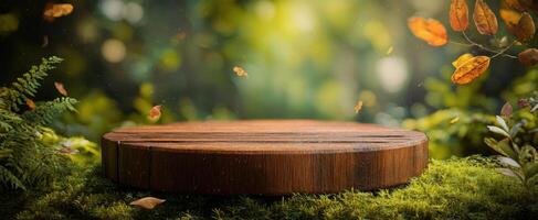 The circular wooden platform surrounded by vibrant autumn foliage and soft sunlight. photo