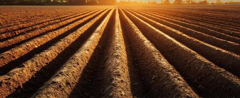 The serene agricultural landscape with beautifully tilled rows of soil at sunset. photo