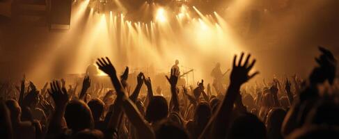 The vibrant atmosphere of a concert with an energetic crowd and stunning lights. photo