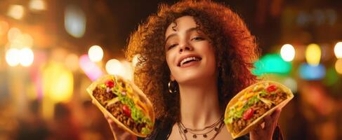 The joyful woman holding delicious tacos in a vibrant nightlife setting. photo