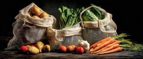 The vibrant display of fresh vegetables in rustic burlap sacks. photo