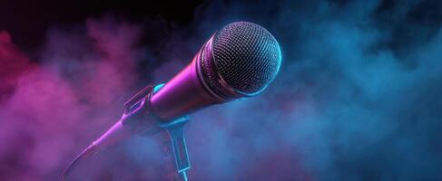 The microphone surrounded by colorful smoke illuminates the stage for performances. photo