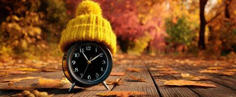 The charming clock wearing a cozy yellow hat in autumn scenery. photo
