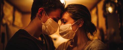 The intimate connection of a couple wearing protective masks during challenging times. photo