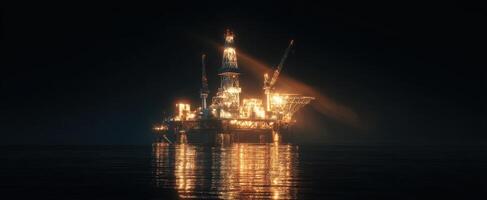 The vibrant oil rig illuminated against the dark night ocean surface. photo