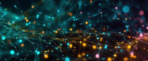 The vibrant digital network of glowing connections and abstract particles. photo