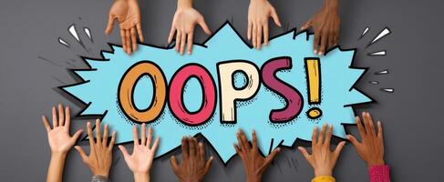 The colorful hands reaching out to express surprise with an 'Oops' message. photo
