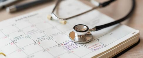 The stethoscope resting on a calendar for healthcare appointments and scheduling. photo