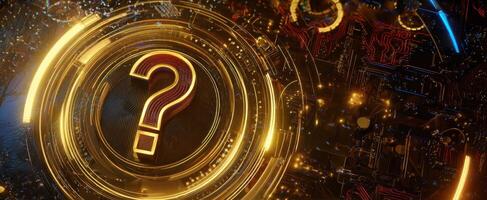 The vibrant question mark glowing in a technological digital environment photo