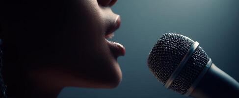 The microphone capturing the expressive voice of a talented vocalist. photo