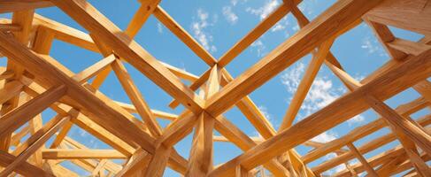 The wooden framework against a clear blue sky showcasing construction progress. photo