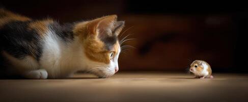 The curious cat observes a tiny mouse during a playful encounter. photo