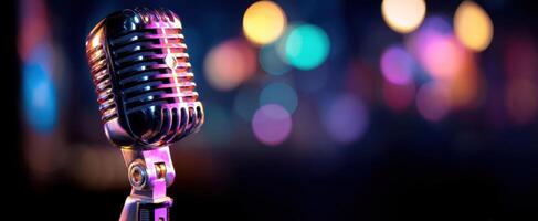 The vintage microphone against a vibrant bokeh background in a performance setting. photo