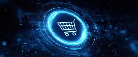 The glowing shopping cart icon symbolizing modern e-commerce technology. photo