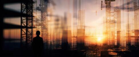 The silhouette of a worker at a construction site during sunset. photo