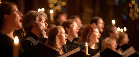 The choir performing passionately under warm candlelight in a festive setting. photo