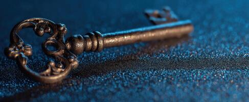 The antique key resting on a textured surface with dramatic lighting. photo