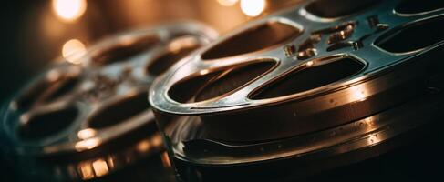 The vintage film reels captured in a stylish cinematic setting. photo