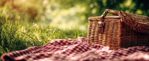 The inviting picnic basket resting on a checkered blanket in a sunlit meadow. photo