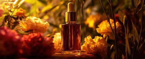 The enchanting beauty of a golden serum bottle surrounded by vibrant blossoms. photo
