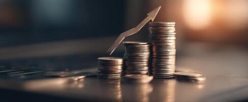 The coins stacked with an upward arrow showing financial growth and investment potential. photo