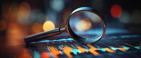 The magnifying glass highlighting data analysis on financial graphics. photo