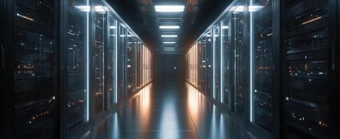 The modern server corridor showcasing advanced data storage technology. photo