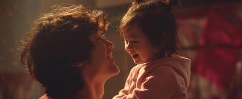 The joyful bond between a father and his laughing daughter in a warm setting photo
