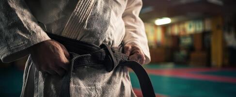 The athlete tying a black belt in a judo dojo before training session. photo