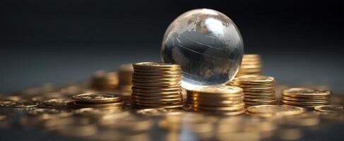 The globe resting atop a pile of golden coins representing global wealth. photo