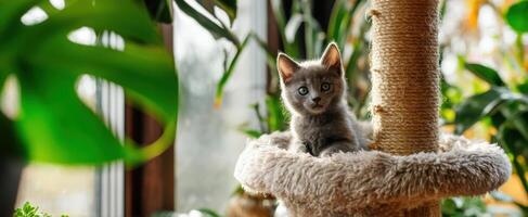 The cute gray kitten resting on a plush cat tree surrounded by greenery. photo