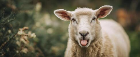 The charming sheep with an expressive face in a lush green setting. photo