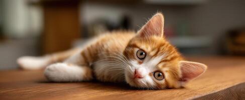 The cute orange kitten resting peacefully on a wooden table in a cozy home setting. photo