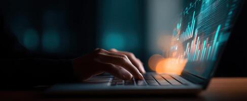 The hands typing on a laptop displaying financial data and analytics graphs. photo