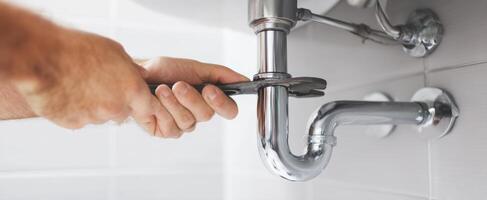 The plumber fixing a pipe under a bathroom sink with a wrench. photo
