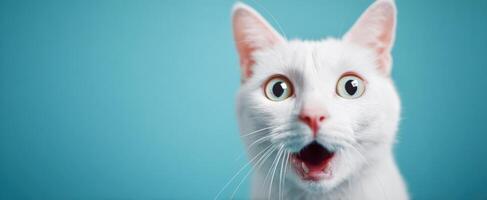 The surprised white cat with big expressive eyes on a vibrant background. photo